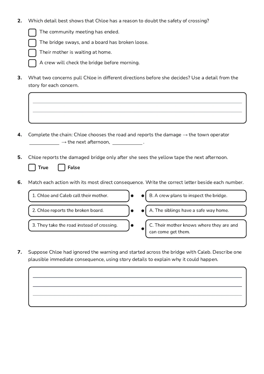 Character Choice and Consequence, page 2 of 3: 2. Which detail best shows that Chloe has a reason to doubt the safety of crossing?
