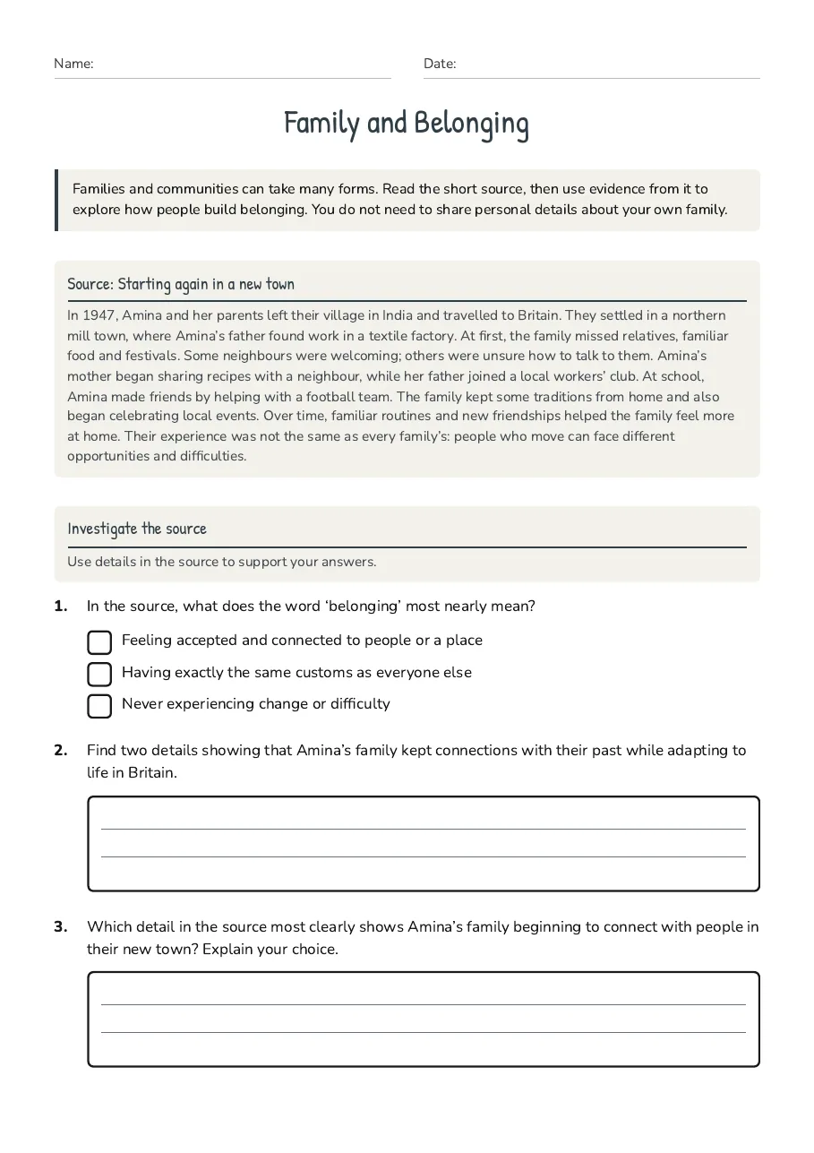 Family and Belonging, page 1 of 3: Source: Starting again in a new town, Investigate the source