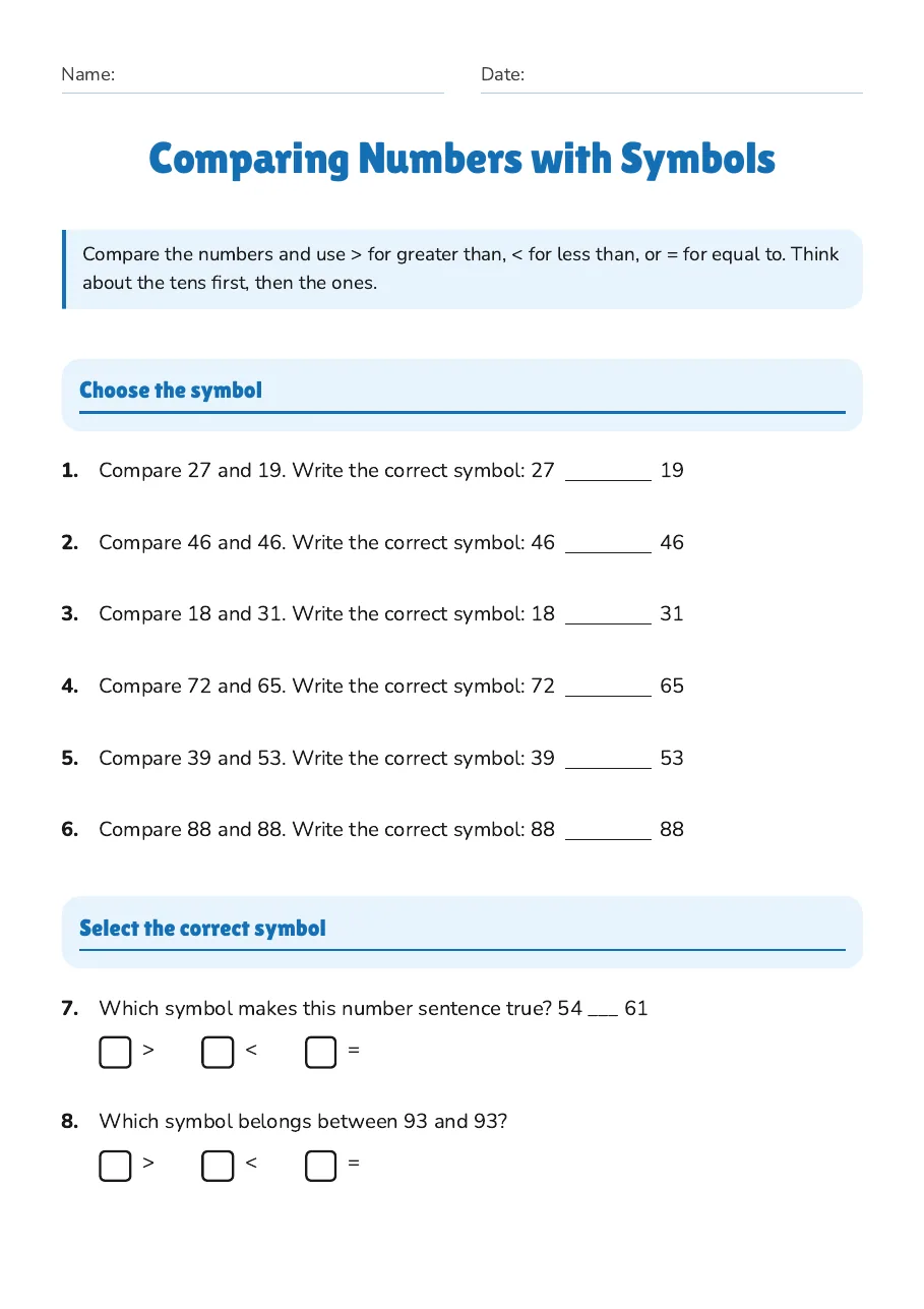 Comparing Numbers with Symbols, page 1 of 4: Choose the symbol, Select the correct symbol