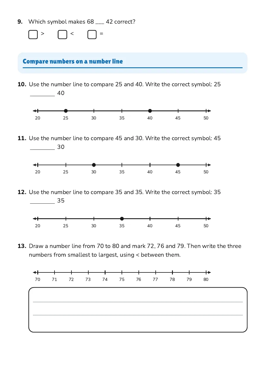Comparing Numbers with Symbols, page 2 of 4: Compare numbers on a number line