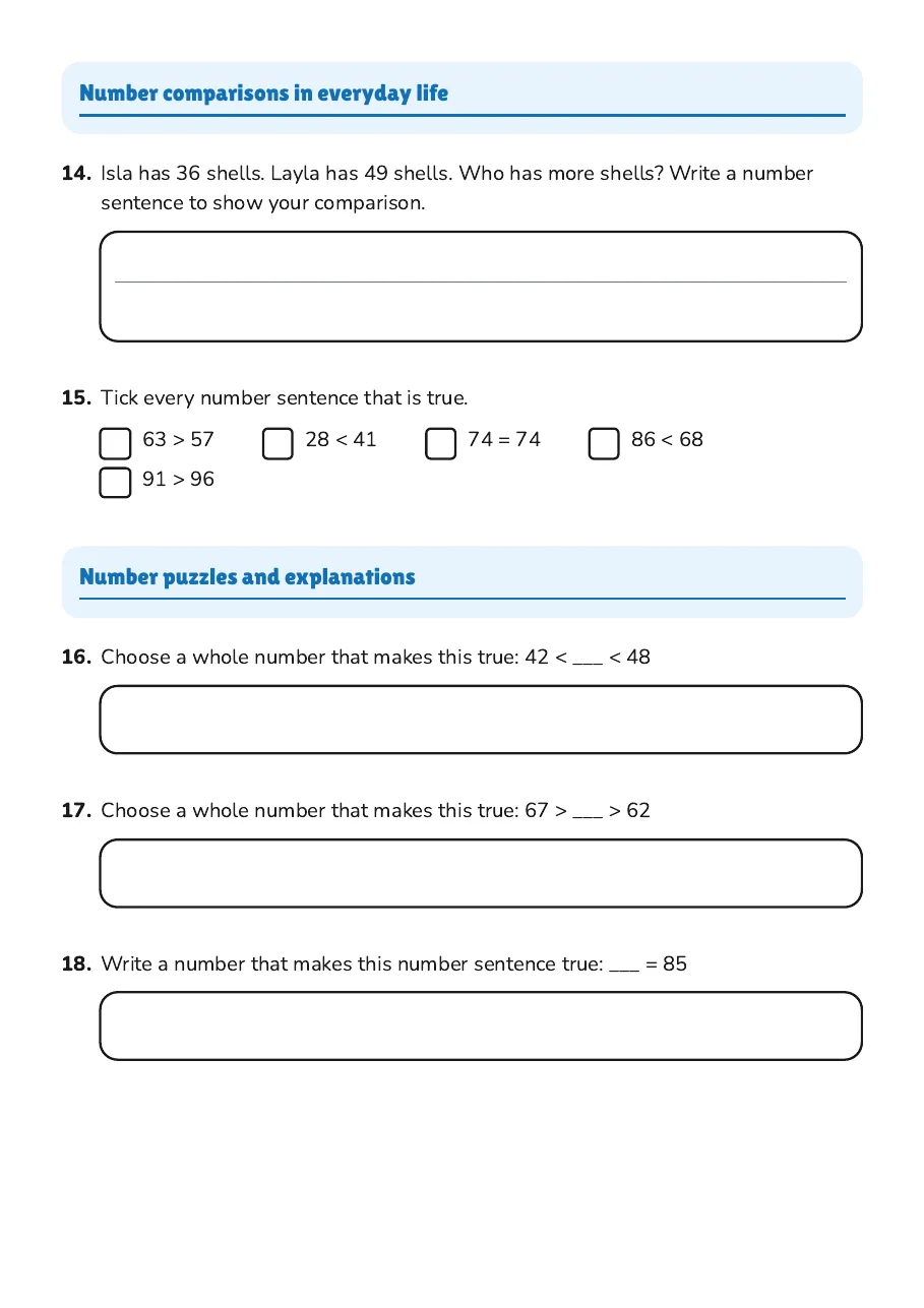 Comparing Numbers with Symbols, page 3 of 4: Number comparisons in everyday life, Number puzzles and explanations