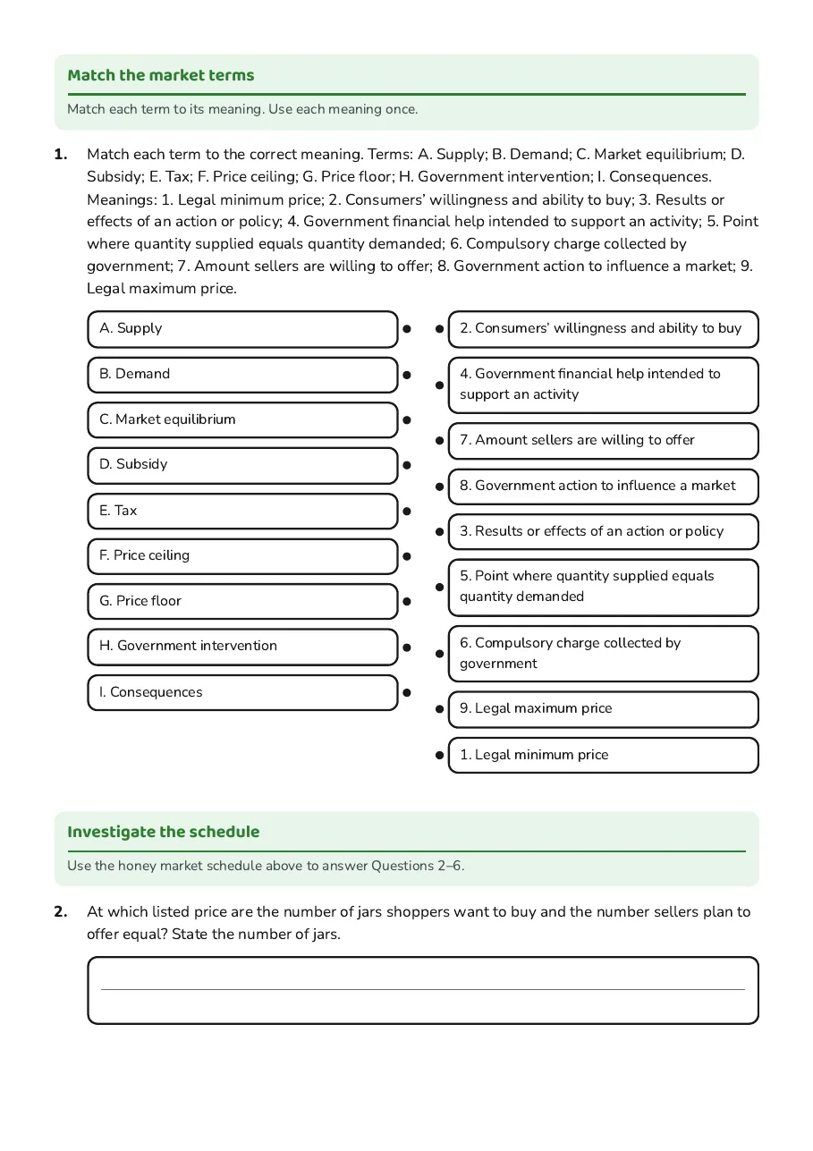 Market Economics Matching Worksheet, page 2 of 3: Match the market terms, Investigate the schedule
