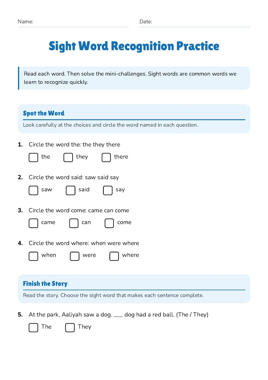 Sight Word Recognition Practice, page 1 of 2: Spot the Word, Finish the Story