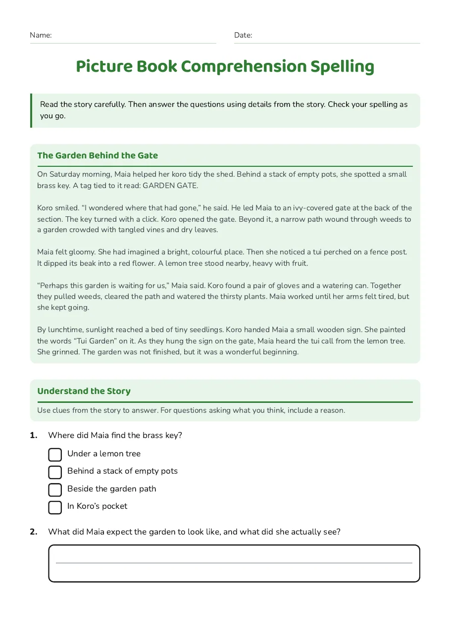 Picture Book Comprehension Spelling, page 1 of 3: The Garden Behind the Gate, Understand the Story