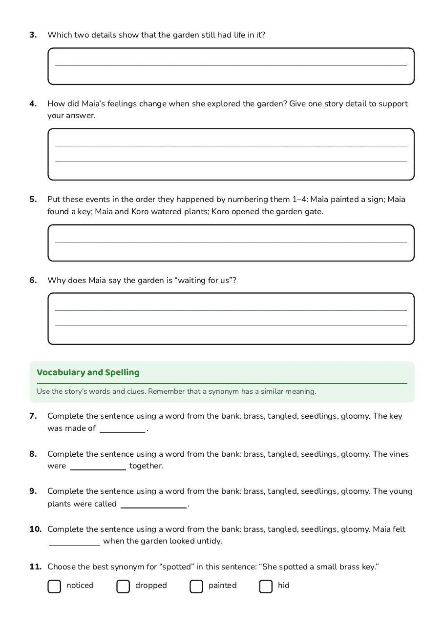 Picture Book Comprehension Spelling, page 2 of 3: Vocabulary and Spelling