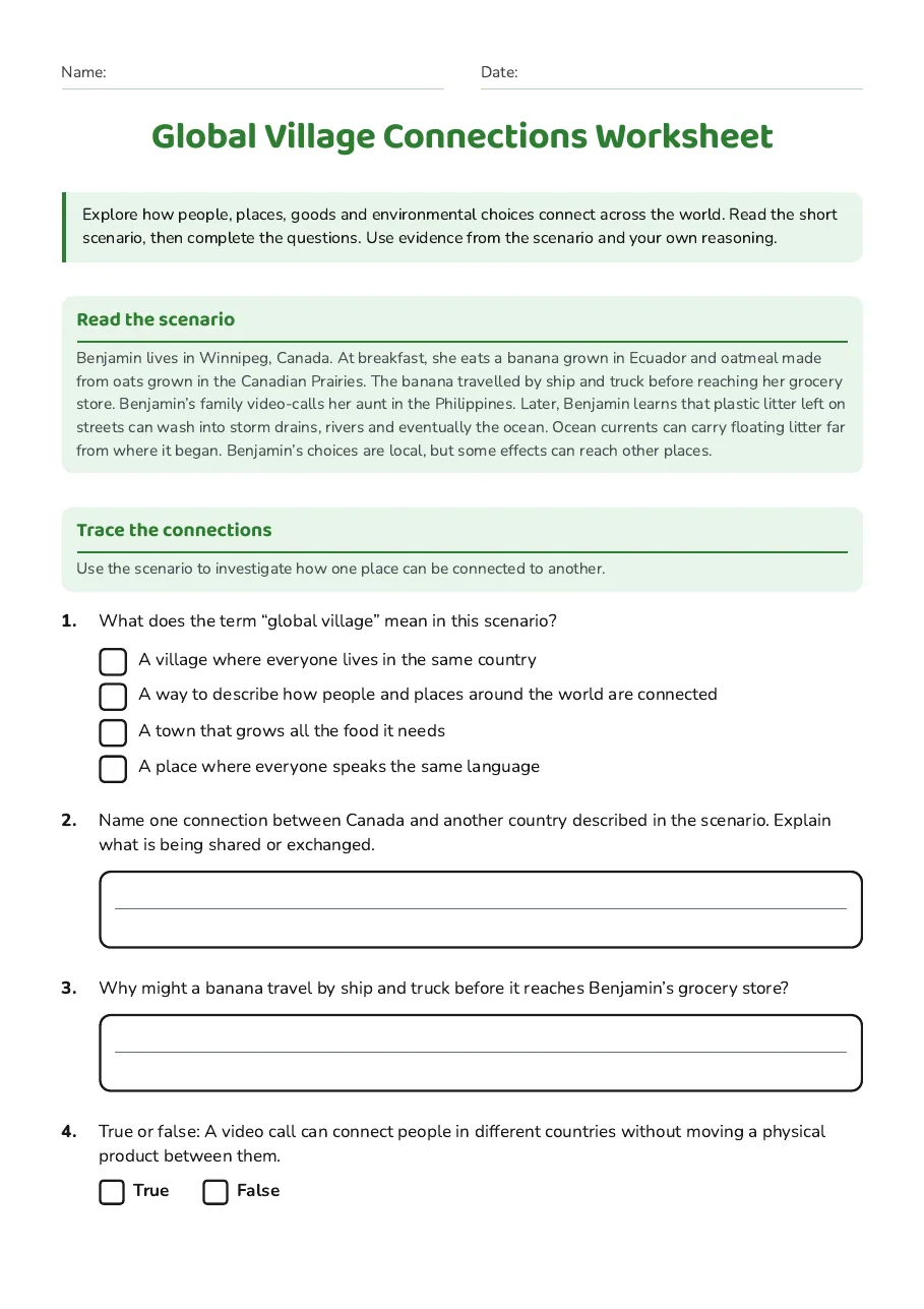 Global Village Connections Worksheet, page 1 of 3: Read the scenario, Trace the connections