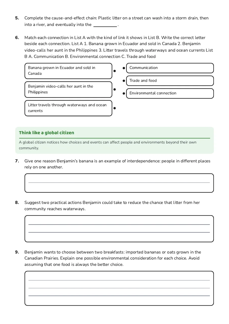 Global Village Connections Worksheet, page 2 of 3: Think like a global citizen