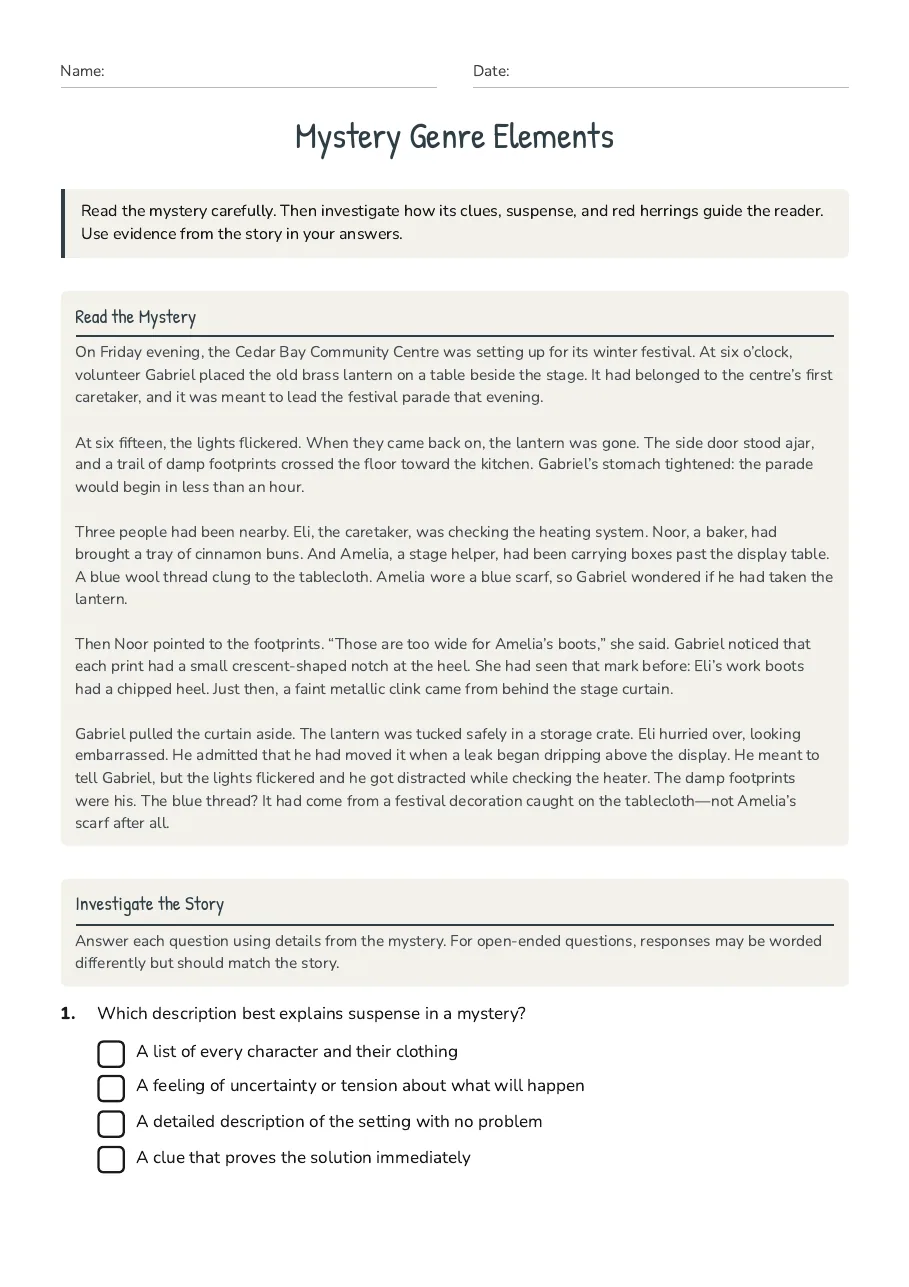 Mystery Genre Elements, page 1 of 3: Read the Mystery, Investigate the Story