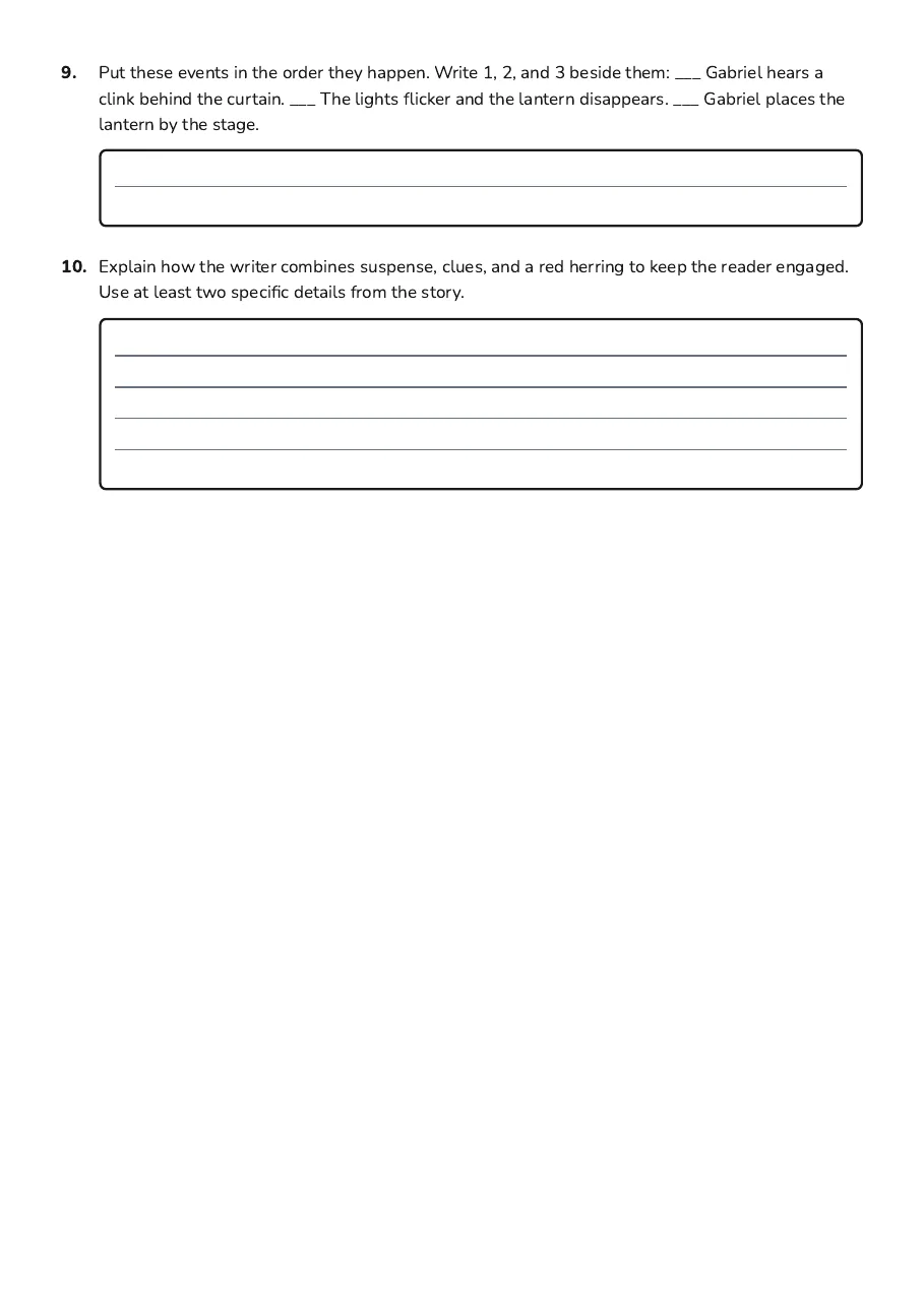 Mystery Genre Elements, page 3 of 3: 9. Put these events in the order they happen. Write 1, 2, and 3 beside them: ___ Gabriel…
