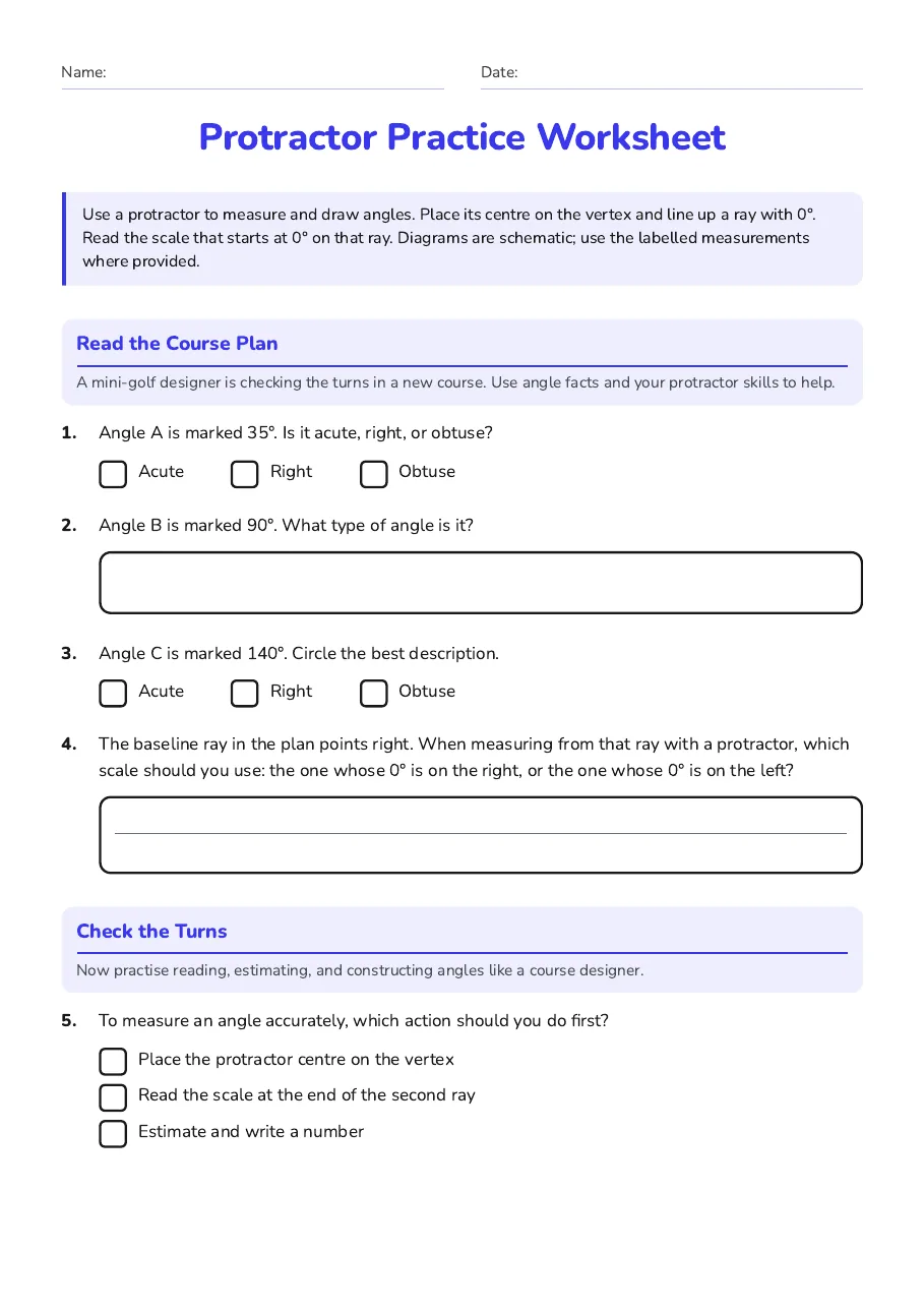 Protractor Practice Worksheet, page 1 of 3: Read the Course Plan, Check the Turns
