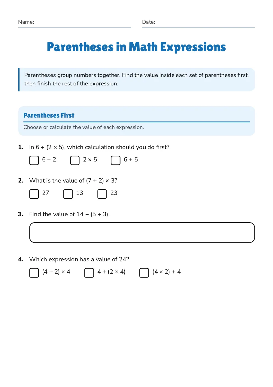 Parentheses in Math Expressions, page 1 of 3: Parentheses First