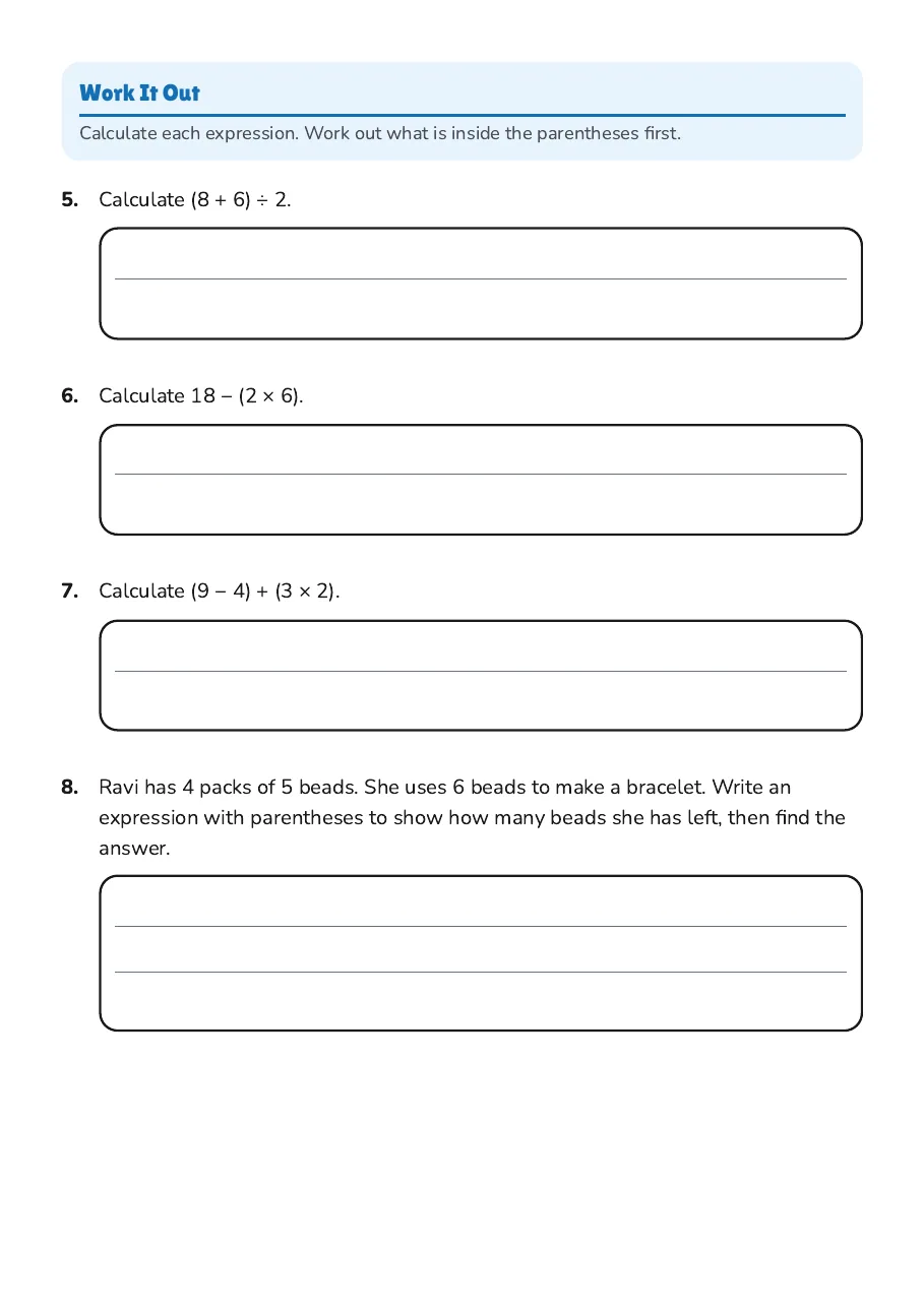 Parentheses in Math Expressions, page 2 of 3: Work It Out
