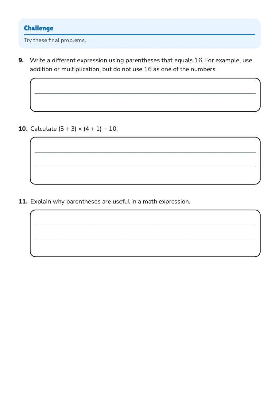 Parentheses in Math Expressions, page 3 of 3: Challenge