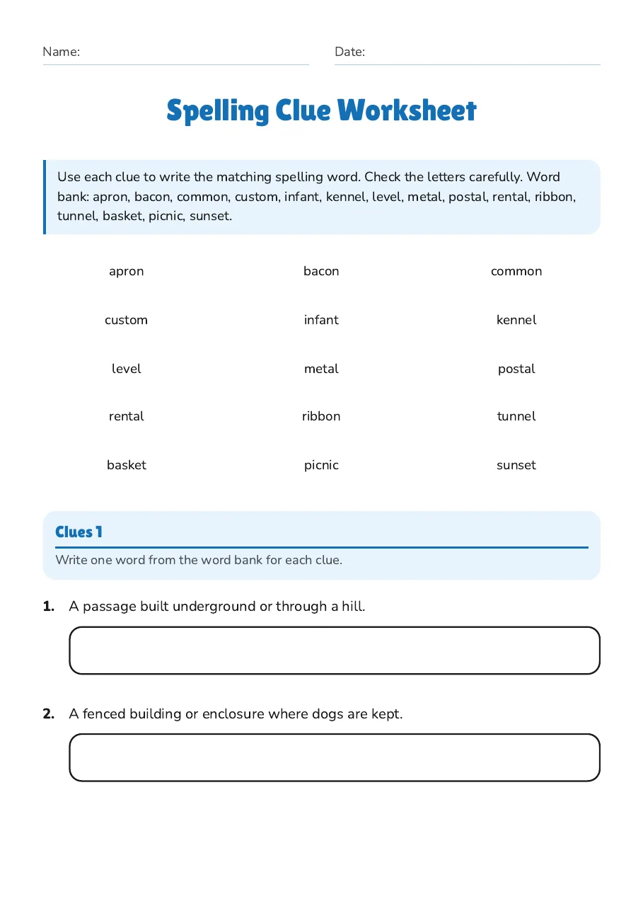 Spelling Clue Worksheet, page 1 of 3: Clues 1