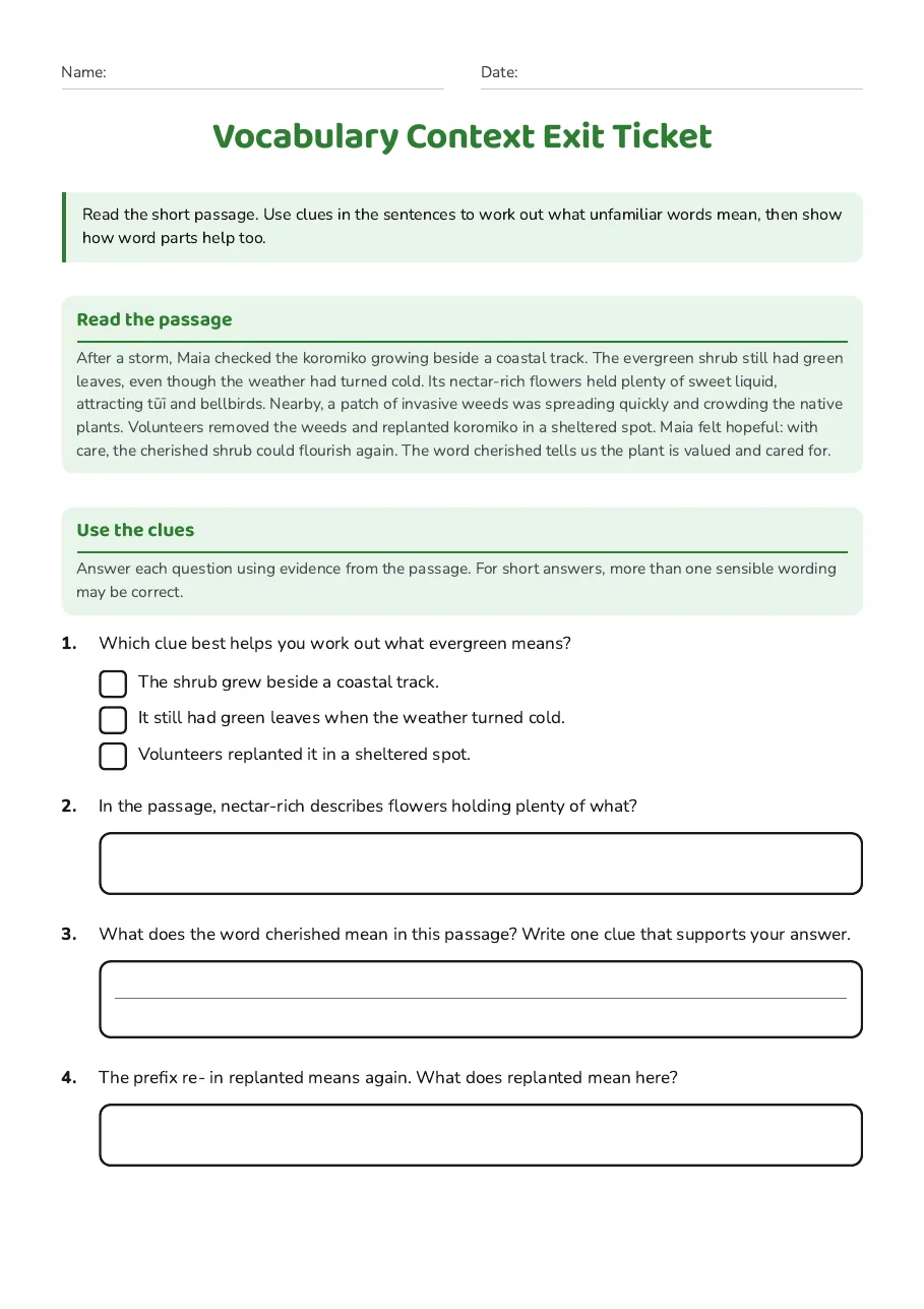 Vocabulary Context Exit Ticket, page 1 of 2: Read the passage, Use the clues