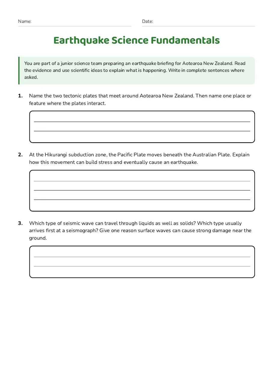 Earthquake Science Fundamentals, page 1 of 3: You are part of a junior science team preparing an earthquake briefing for Aotearoa New…