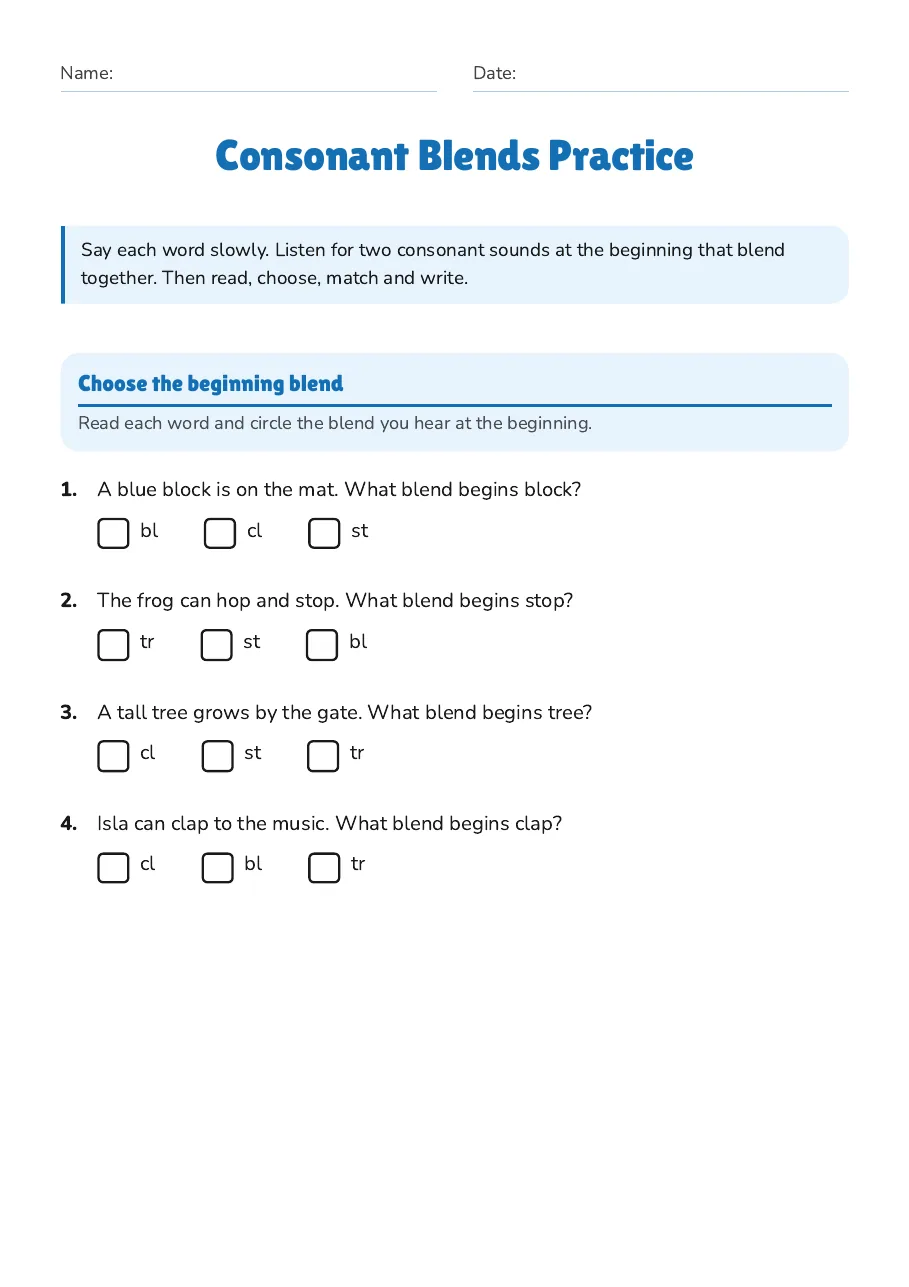 Consonant Blends Practice, page 1 of 3: Choose the beginning blend