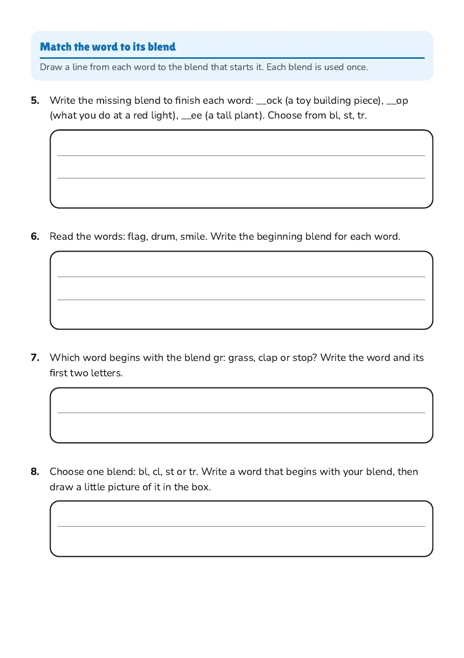 Consonant Blends Practice, page 2 of 3: Match the word to its blend