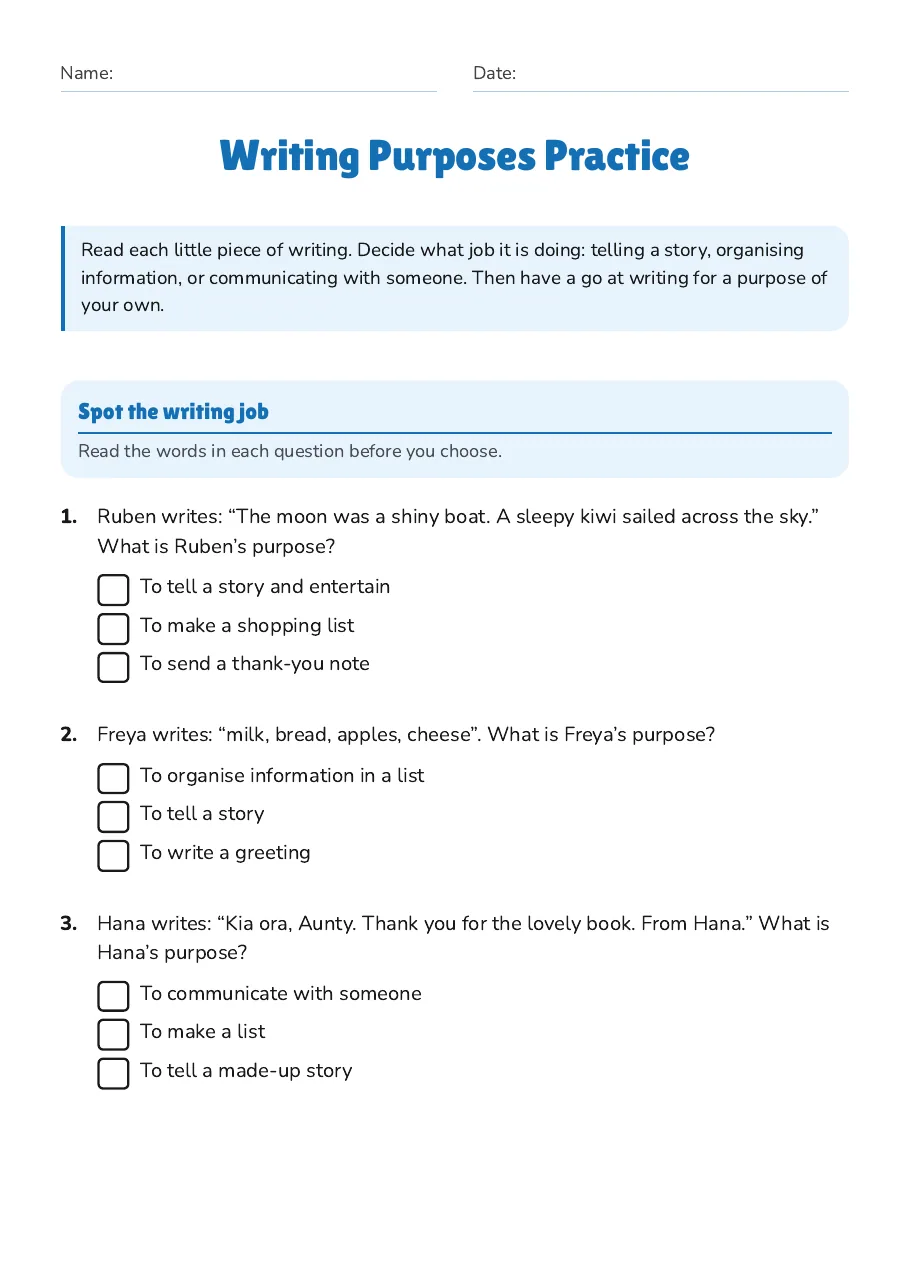 Writing Purposes Practice, page 1 of 3: Spot the writing job