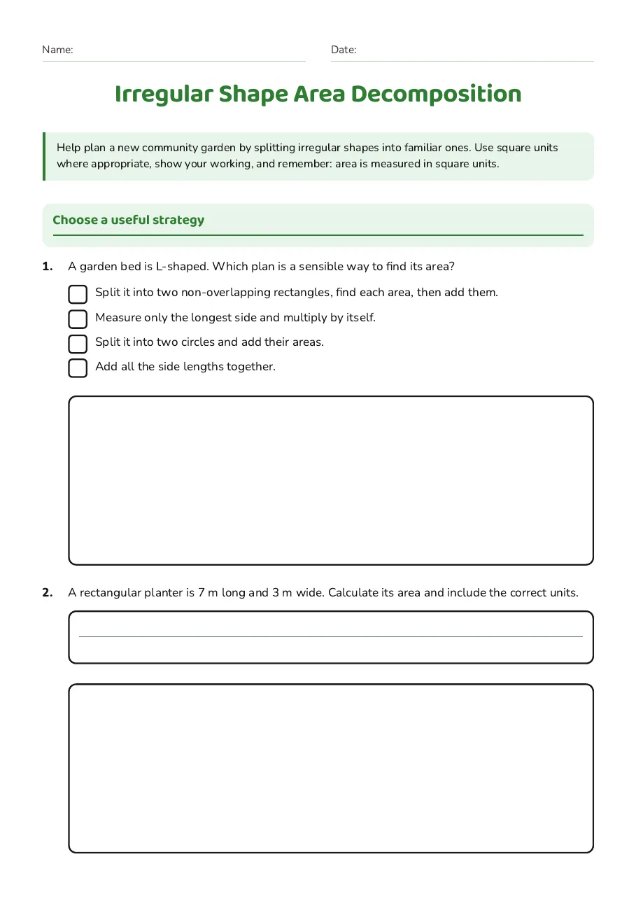 Irregular Shape Area Decomposition, page 1 of 4: Choose a useful strategy