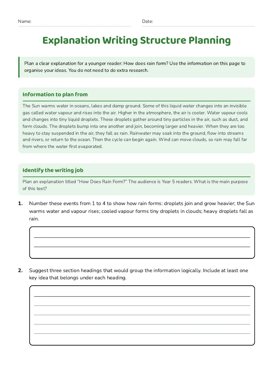 Explanation Writing Structure Planning, page 1 of 3: Information to plan from, Identify the writing job