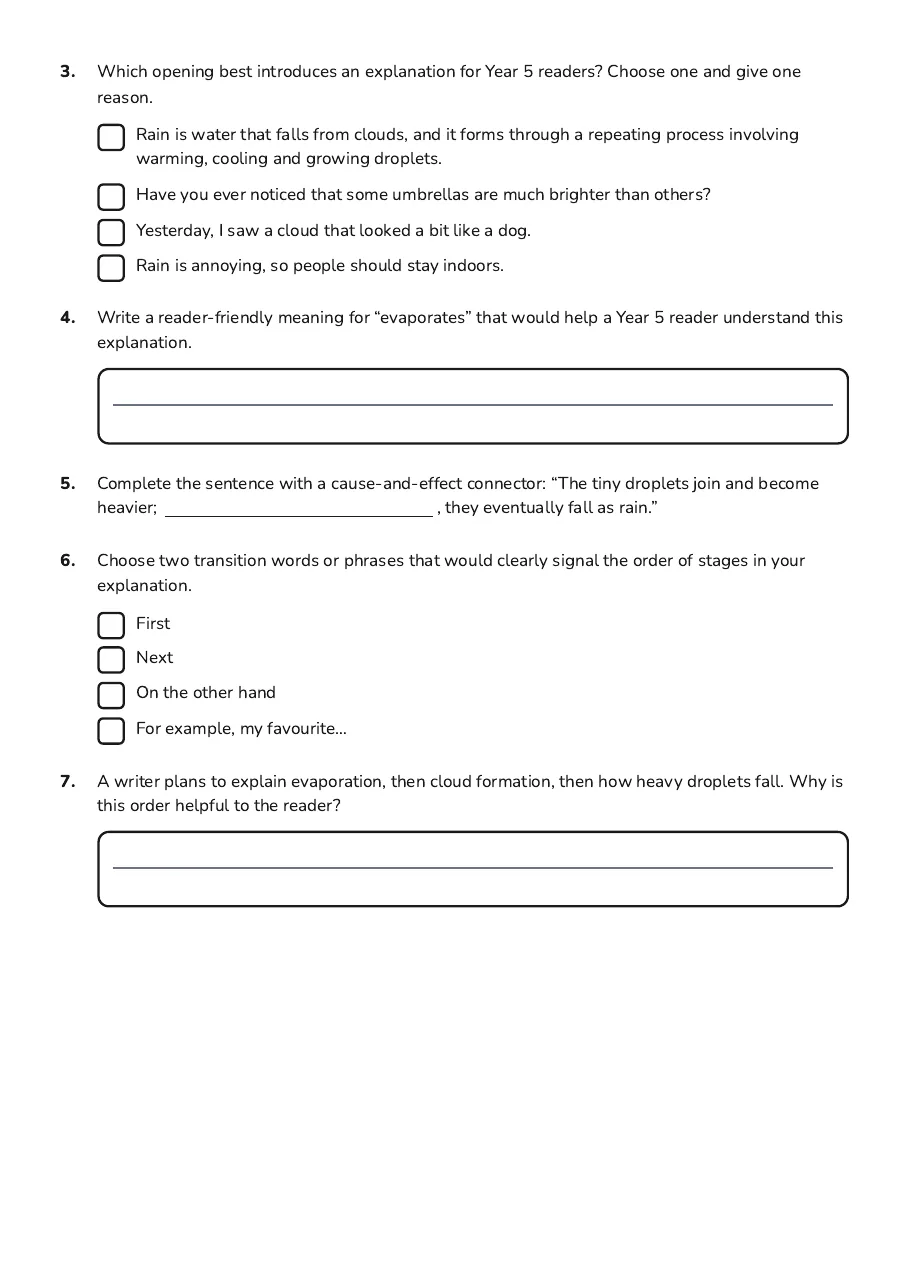 Explanation Writing Structure Planning, page 2 of 3: 3. Which opening best introduces an explanation for Year 5 readers? Choose one and give…