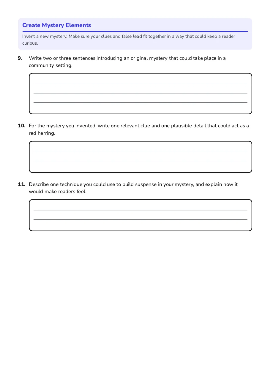 Writing prompts for inventing an original mystery, a clue, a red herring, and a suspense technique.