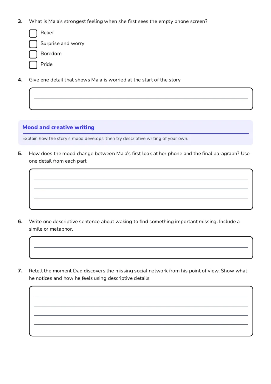 Writing tasks invite students to describe a missing object and retell a story moment from another character’s perspective.