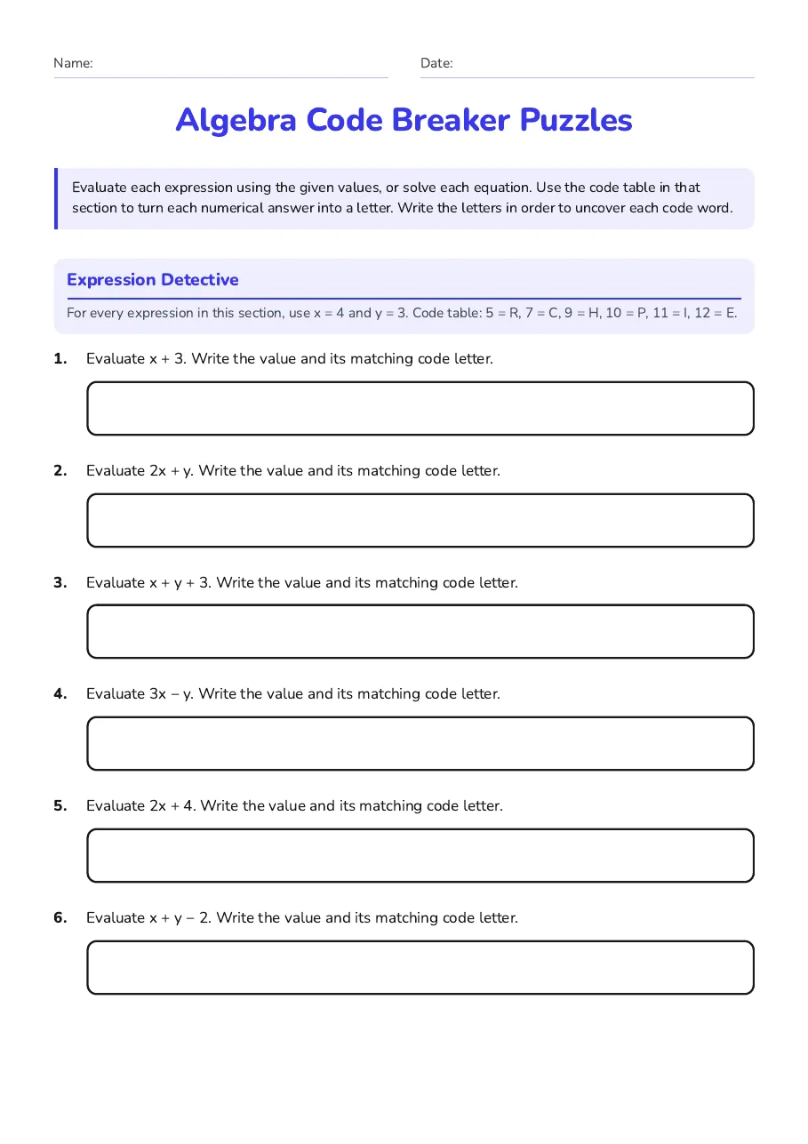 Algebra Code Breaker Puzzles, page 1 of 2: Expression Detective