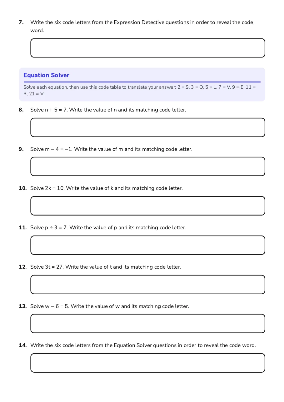 Algebra Code Breaker Puzzles, page 2 of 2: Expression Detective, Equation Solver