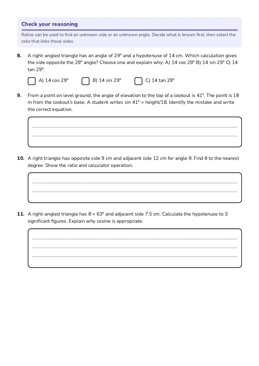 Trigonometric ratio problems about ramps, a kite, lookout measurements and choosing sine, cosine or tangent.