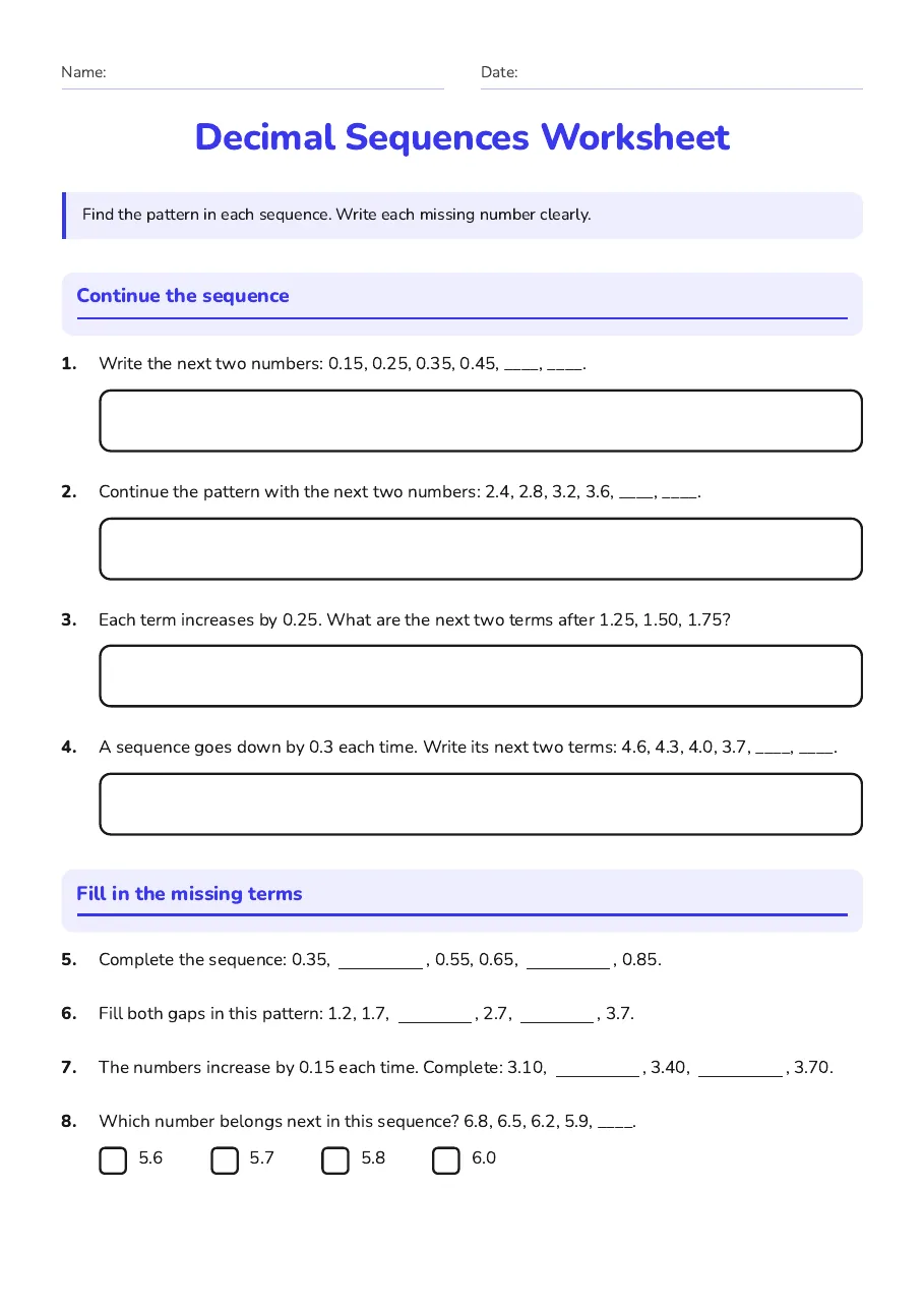 Decimal sequences: continuing patterns, filling missing terms and matching sequences to their step sizes.
