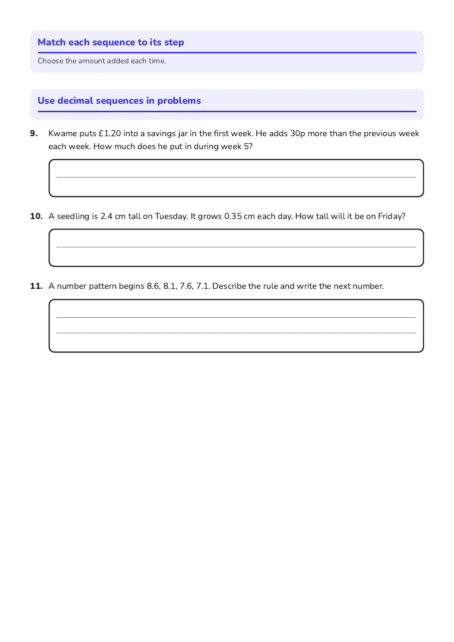 Decimal sequence word problems about saving money and plant growth, plus describing a number pattern.