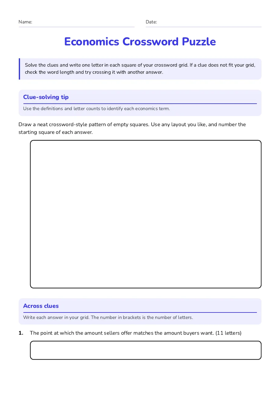 Economics Crossword Puzzle, page 1 of 3: Clue-solving tip, Across clues