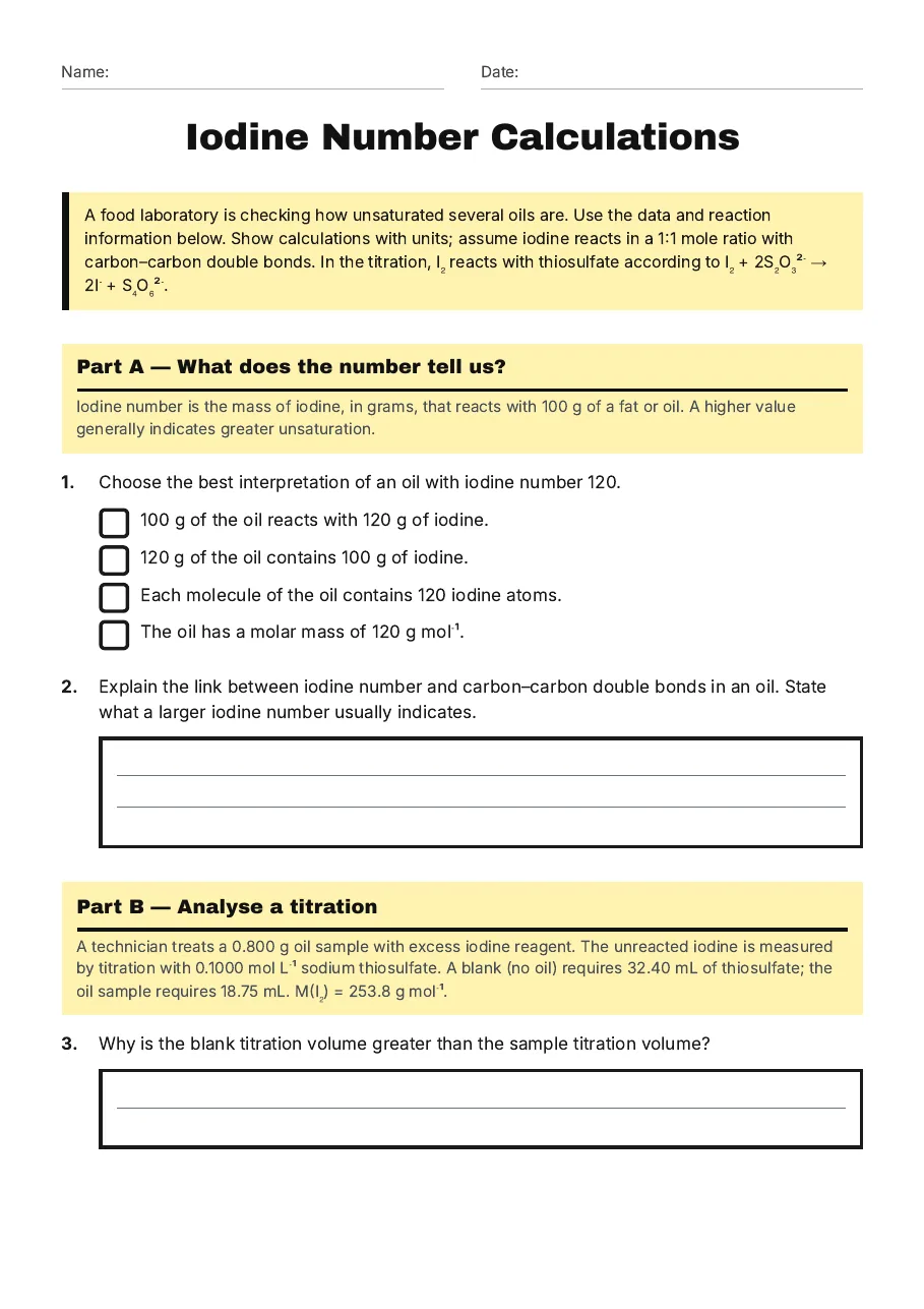 Iodine Number Calculations, page 1 of 3: Part A — What does the number tell us?, Part B — Analyse a titration