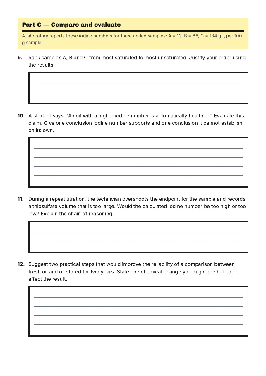 Iodine Number Calculations, page 3 of 3: Part C — Compare and evaluate