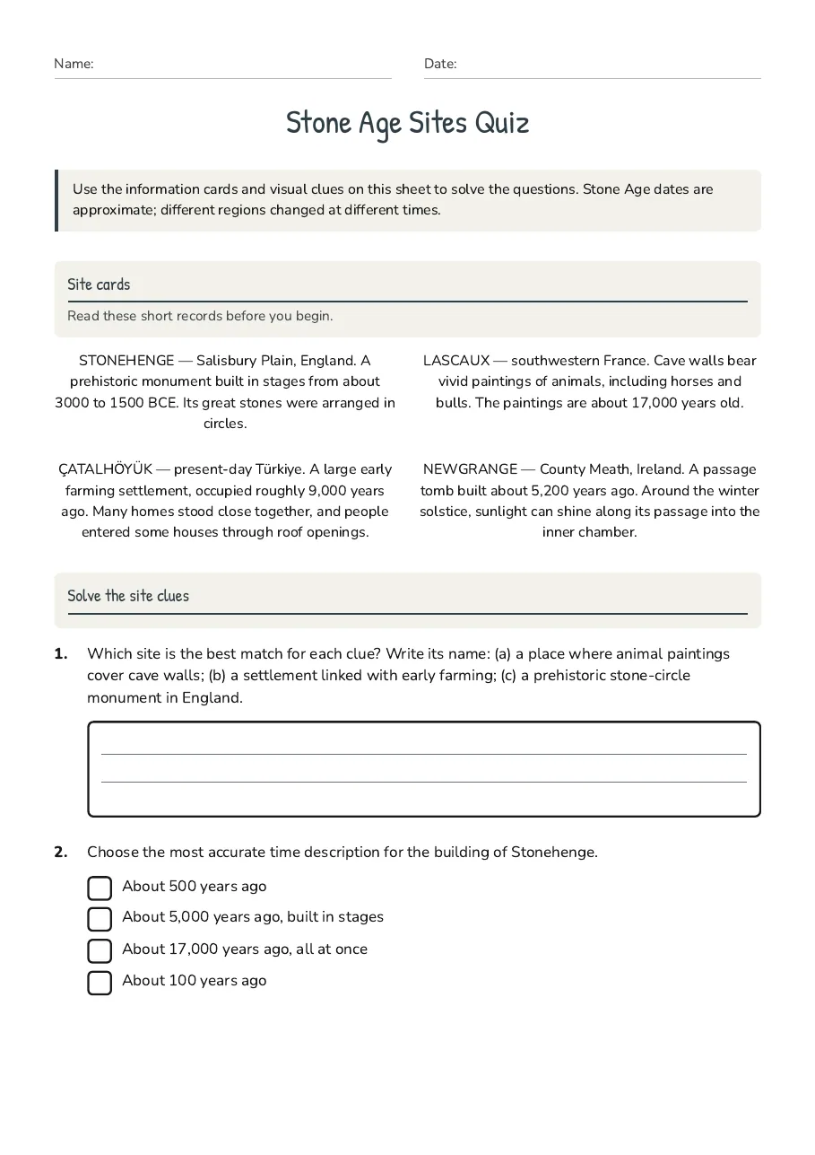 Stone Age Sites Quiz, page 1 of 3: Site cards, Solve the site clues