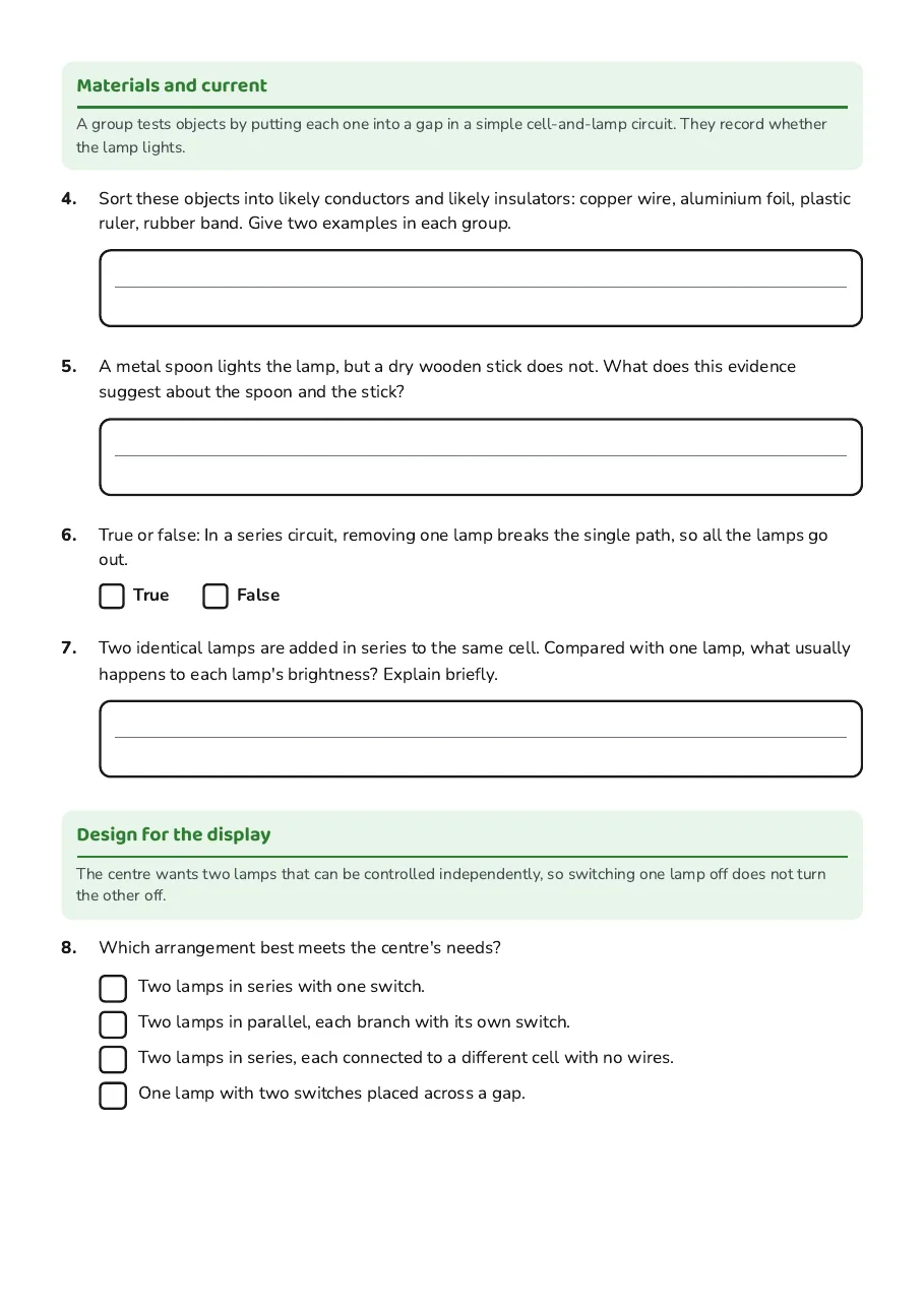 Exploring Electrical Circuits, page 2 of 3: Materials and current, Design for the display