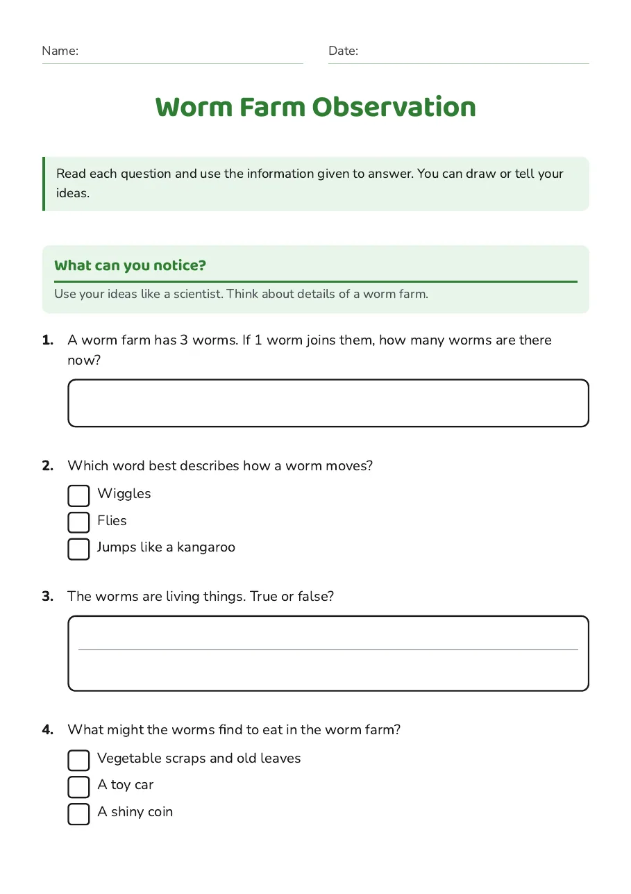 Worm Farm Observation, page 1 of 3: What can you notice?