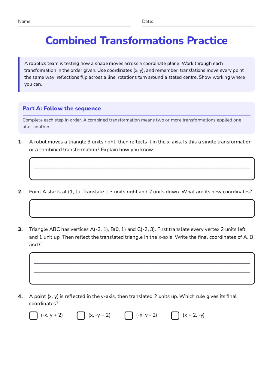 Combined Transformations Practice, page 1 of 3: Part A: Follow the sequence