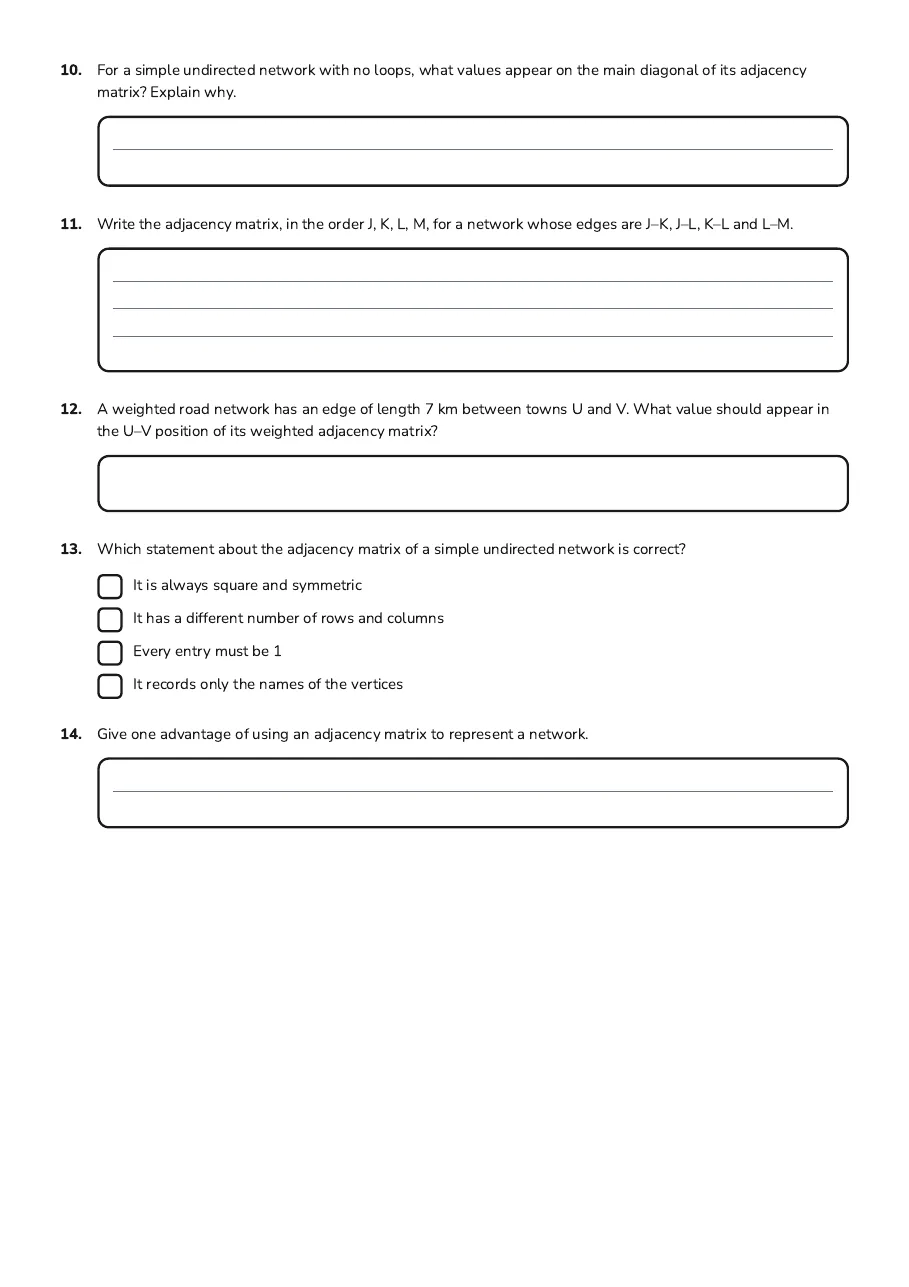 Network Diagrams Notes, page 3 of 3: 10. For a simple undirected network with no loops, what values appear on the main…