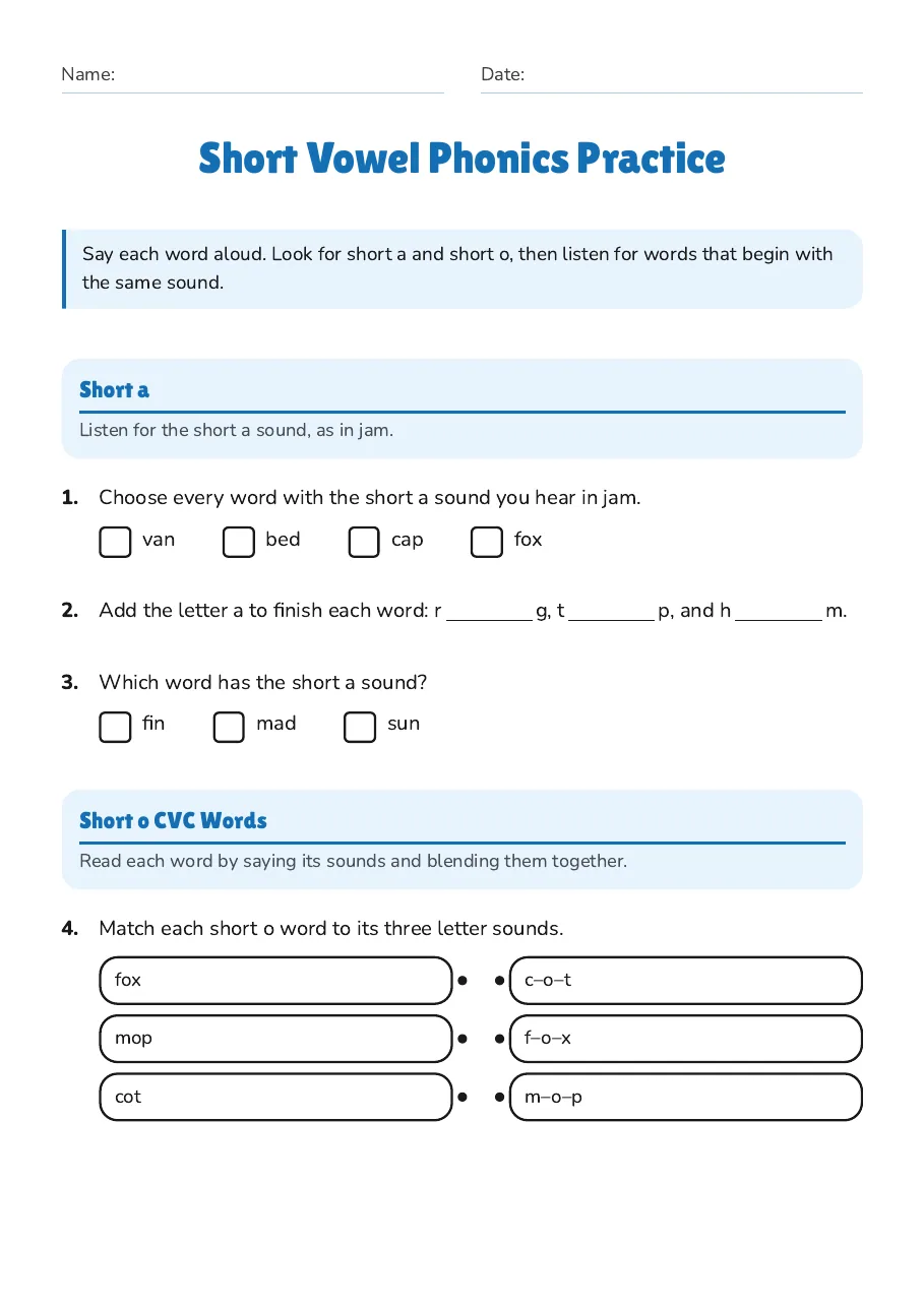 Short Vowel Phonics Practice, page 1 of 2: Short a, Short o CVC Words