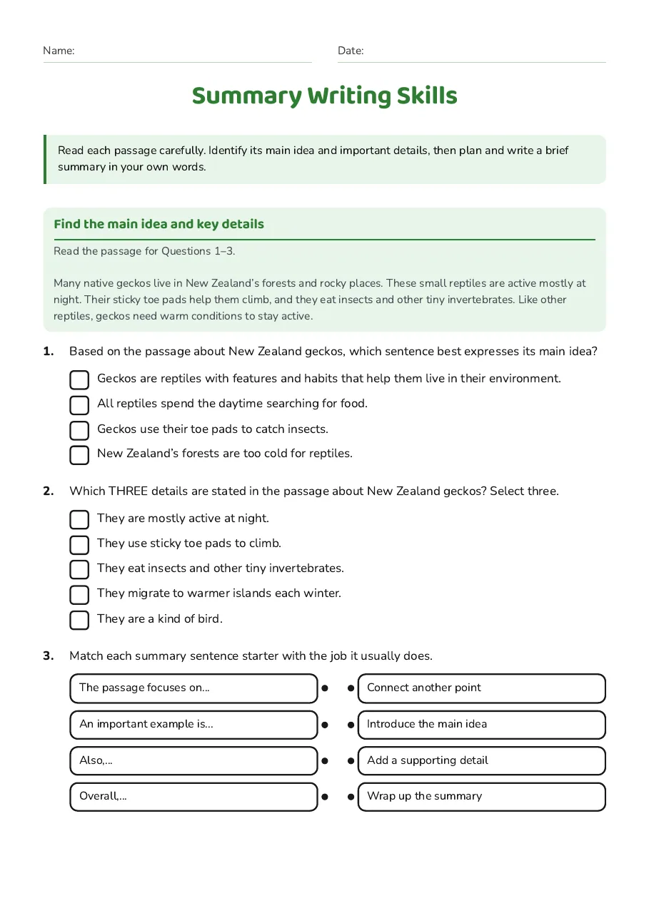 Summary Writing Skills, page 1 of 3: Find the main idea and key details