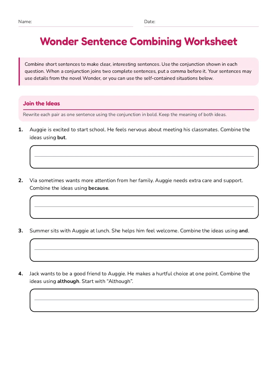 Wonder Sentence Combining Worksheet, page 1 of 2: Join the Ideas