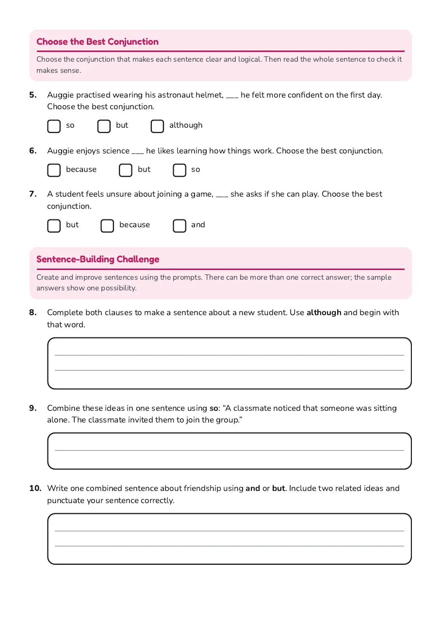 Wonder Sentence Combining Worksheet, page 2 of 2: Choose the Best Conjunction, Sentence-Building Challenge