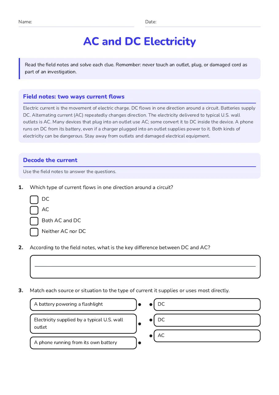 AC and DC Electricity, page 1 of 3: Field notes: two ways current flows, Decode the current