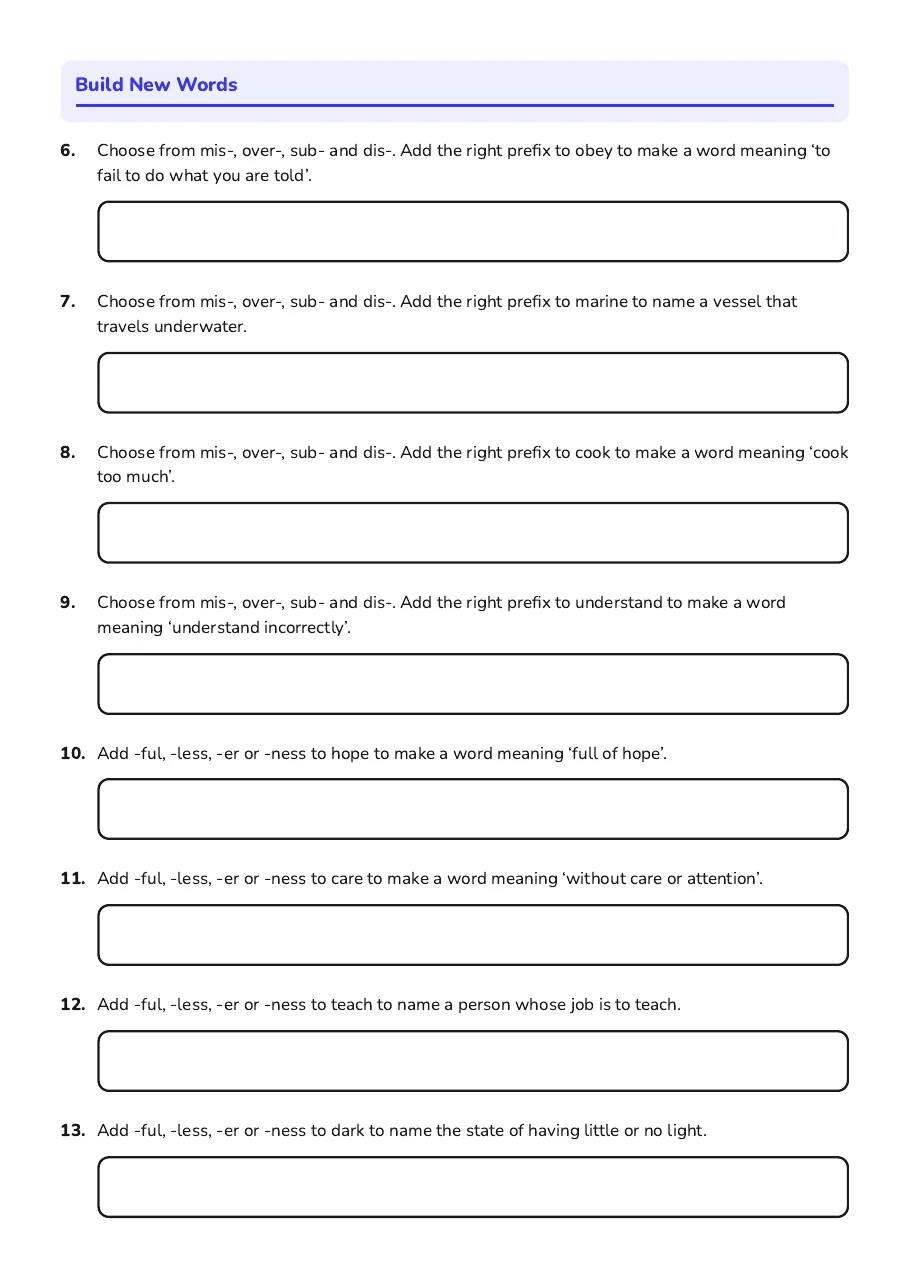 Prefixes and Suffixes Practice, page 2 of 3: Build New Words