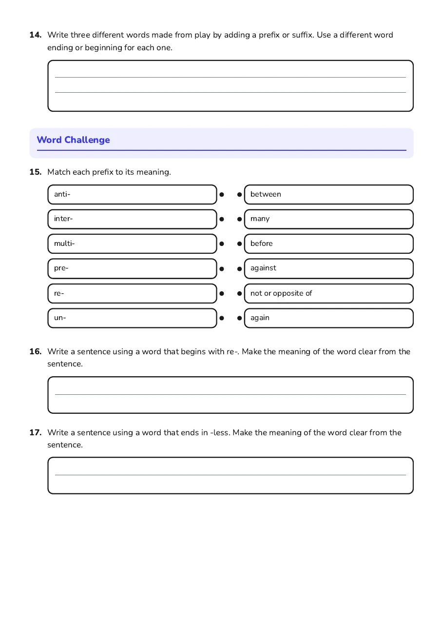 Prefixes and Suffixes Practice, page 3 of 3: Word Challenge