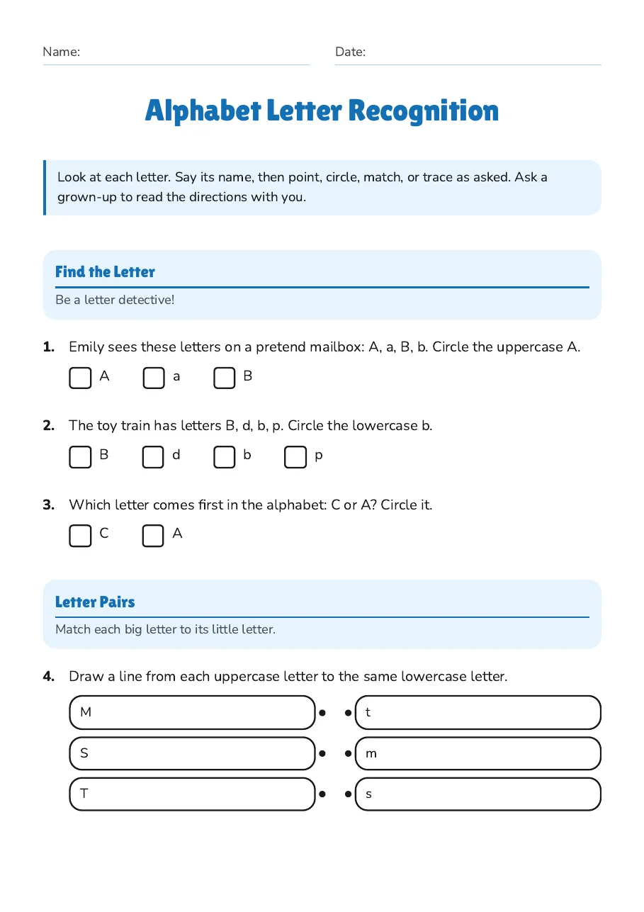 Alphabet Letter Recognition, page 1 of 3: Find the Letter, Letter Pairs