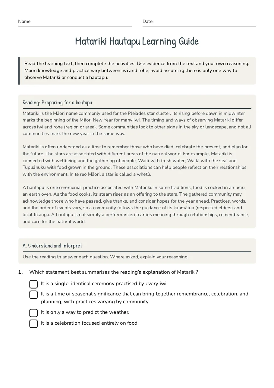 Matariki Hautapu Learning Guide, page 1 of 3: Reading: Preparing for a hautapu, A. Understand and interpret